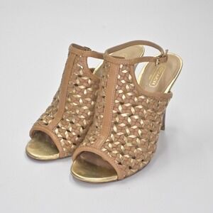 COACH Womens Leela Heels Size 7 Woven Leather Open Toe Ankle Strap Gold Tan Shoe